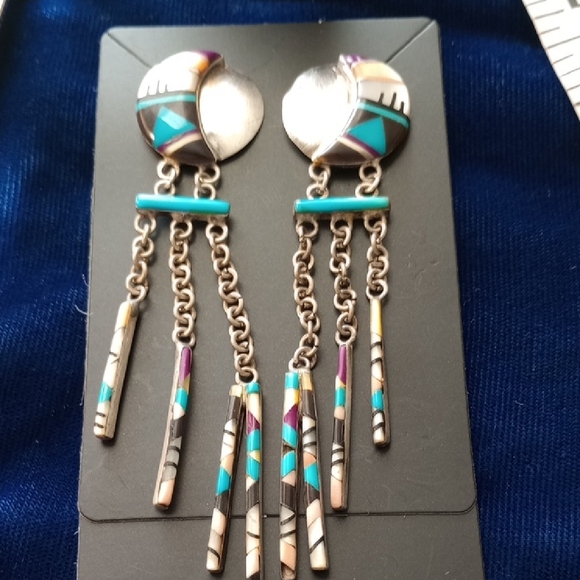 Native American Jewelry - Native American Zuni Multi-stone Inlay Sterling Silver Dangle Stud Earrings